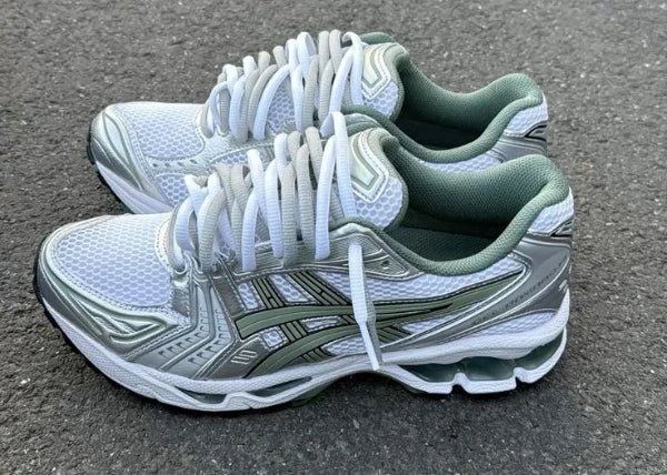 Asics Gel-Kayano 14 White Pure Silver Slate Grey Sage Outfit