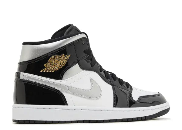 Jordan 1 Mid SE Patent Black White Metallic Silver Metallic Gold Back