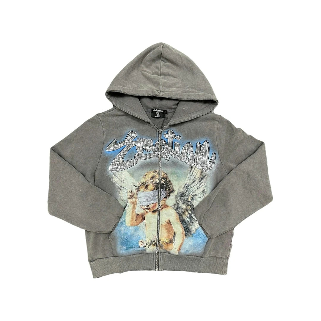 Mixed Emotion Rhinestone Hoodie Grey Front