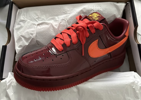 Nike Air Force 1 Low Patent Leather Dark Team Red Safety Orange Outfit