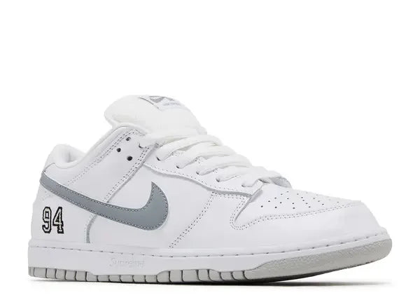 Nike SB Dunk Low Supreme White Metallic Silver Front