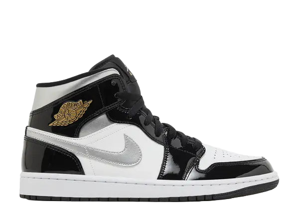 Jordan 1 Mid SE Patent Black White Metallic Silver Metallic Gold Side
