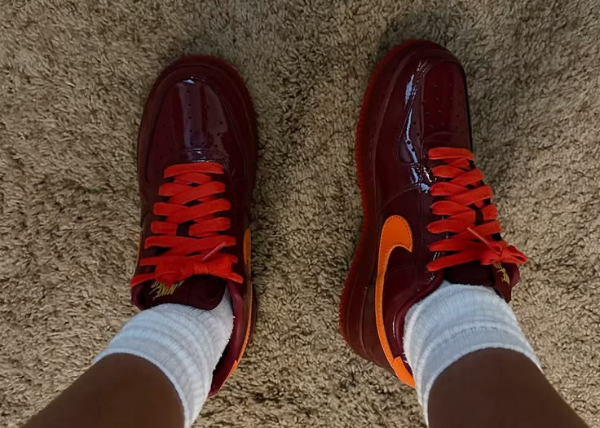 Nike Air Force 1 Low Patent Leather Dark Team Red Safety Orange Outfit