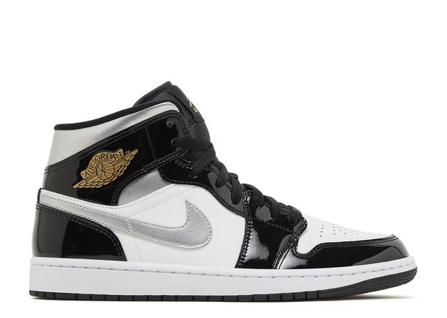 Jordan 1 Mid SE Patent Black White Metallic Silver Metallic Gold Side