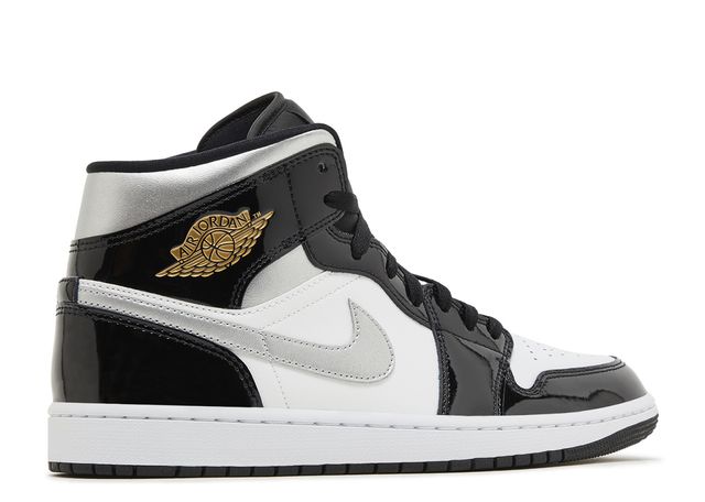 Jordan 1 Mid SE Patent Black White Metallic Silver Metallic Gold Back